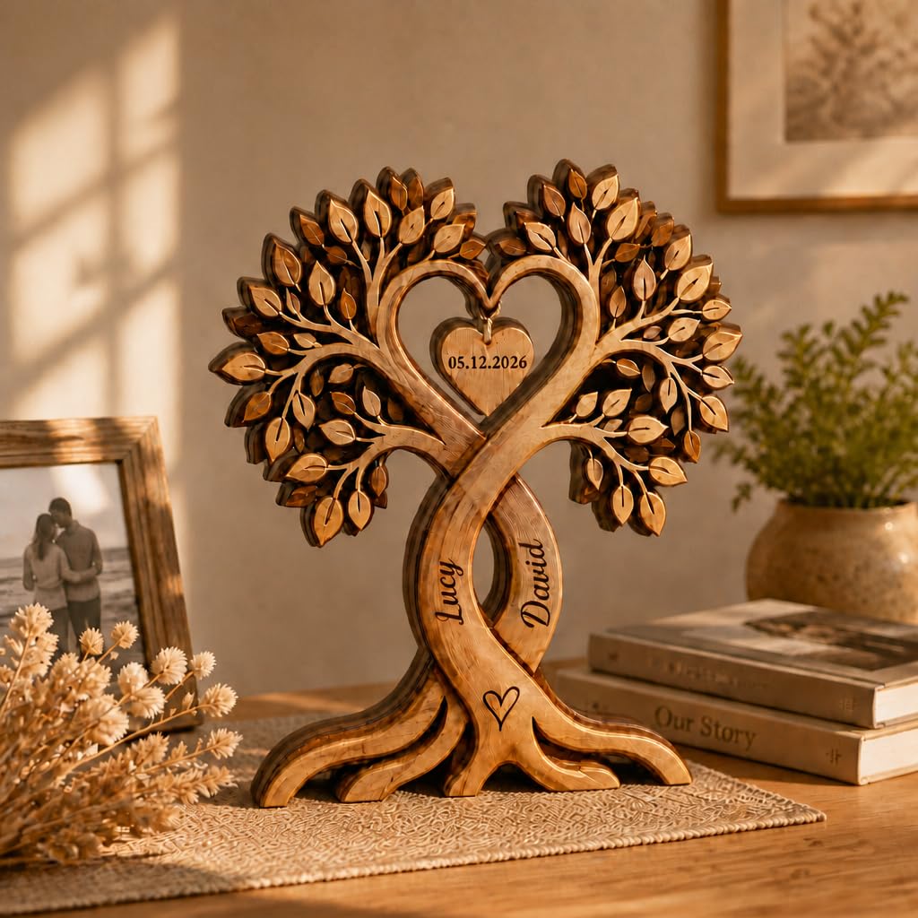 Personalised Couple Heart Tree Wooden Plaque, Custom Wooden Heart Block with Names, Anniversary Wedding Gifts for Couples Him and Her Wood Block, Wife Husband Birthday Gift, Anniversary Home Decor