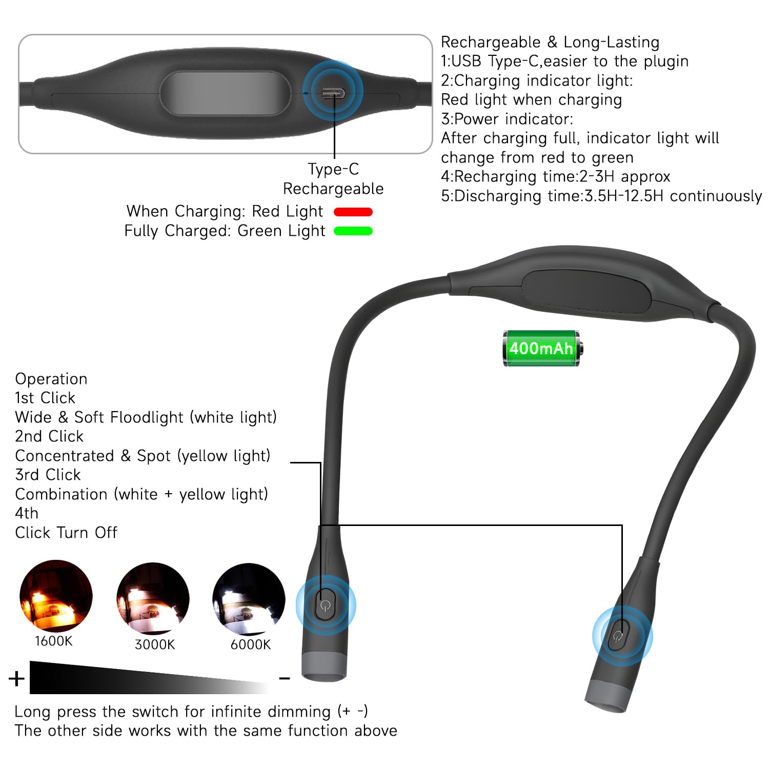 QUMOX Luz de Lectura de Cuello Recargable, Luz LED para Leer en la Cama, 3 Modos de Color y Atenuación Continua, Luz Flexible Manos Libres para Tejer, Manualidades, Camping y Reparaciones