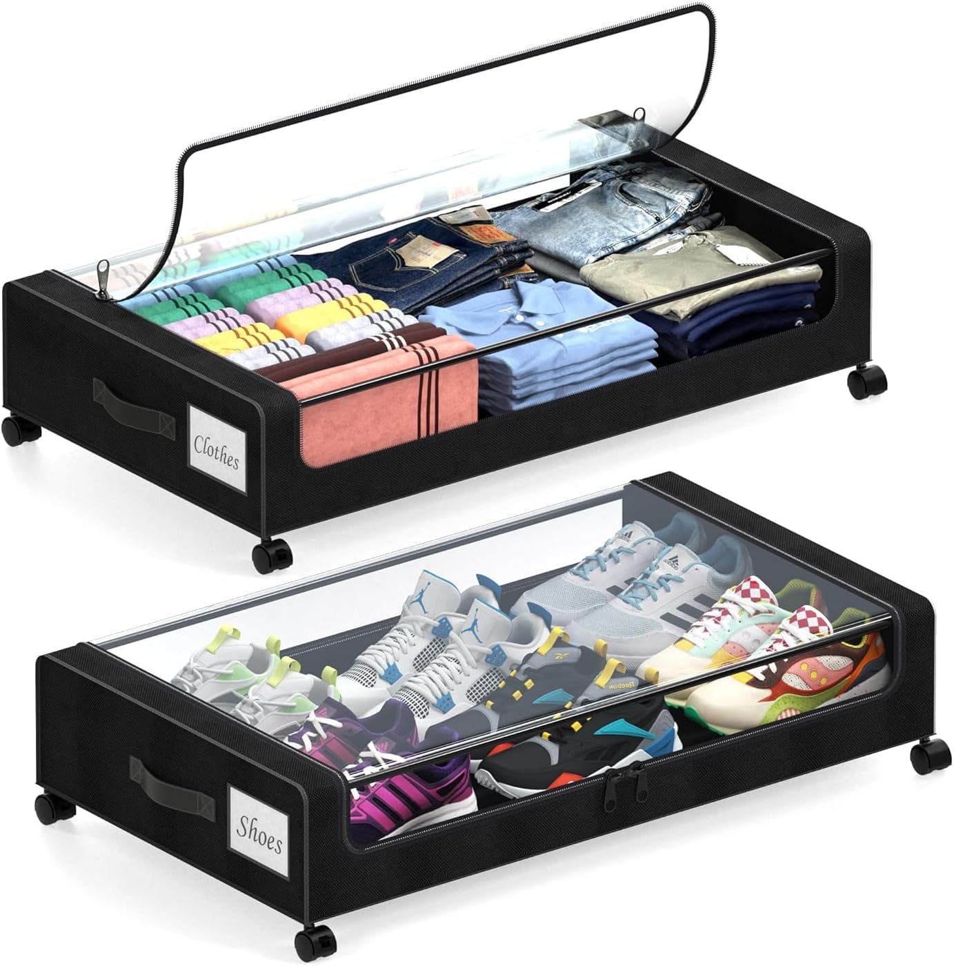 Underbed Storage Box with Wheels, Large Capacity Metal Frame & Non-Woven Fabric Rolling Under Bed Organizer for Clothes, Shoes, Toys, Books - Black (pack of 1)