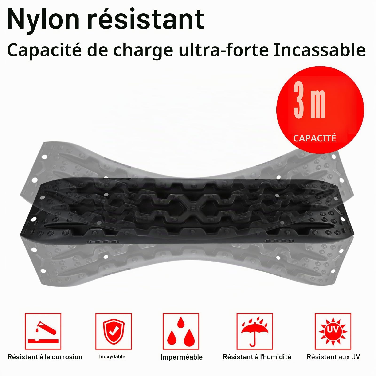 Lot de 2 tapis de traction tout-terrain avec broches de fixation et sac de rangement, aide à la traction, sable et neige, pour véhicules tout-terrain, voitures, camions