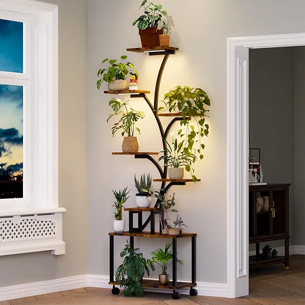 Plant Stand Indoor with Grow Light, 8 Tiered Tall Plant Shelf for Multiple Plants , 62" Metal Plant Shelves with Wheel, Wooden Display Rack Holder, Corner Flower Stand for Living Room, Garden, Patio (Tree-Shape)