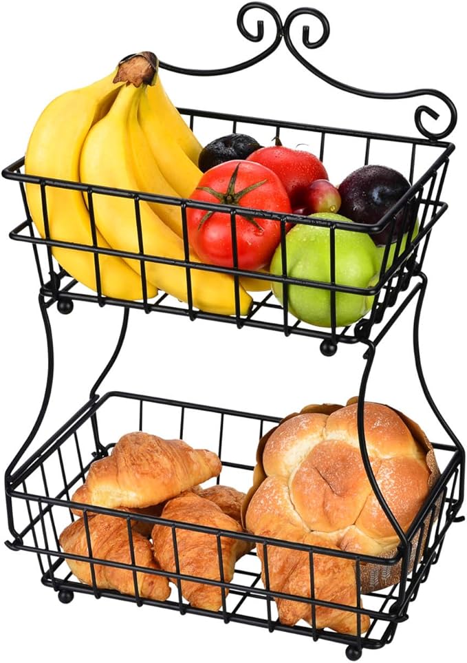 Amazon フルーツバスケット 2段 Linkfu ブレッドバスケット アイアン製 簡潔デザイン フルーツかご盛り 家庭用ラック フルーツ スタンド ストレージ用 壁掛け可能 果物かごもり お菓子 果物 小物収納かご キチン雑貨入り 北欧風 分解可能 フルーツバスケット