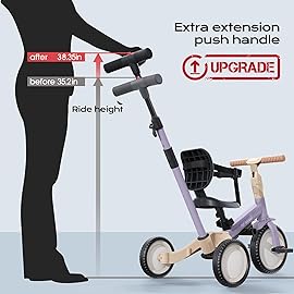 newyoo Toddler Tricycle with Push Handle for 1-3 Year Old, Toddler Bike, Birthday Toy for Boys and Girls, 5 in 1 Kids Trike, Balance Bike with Backrest and Safety Belt, Purple, TR007