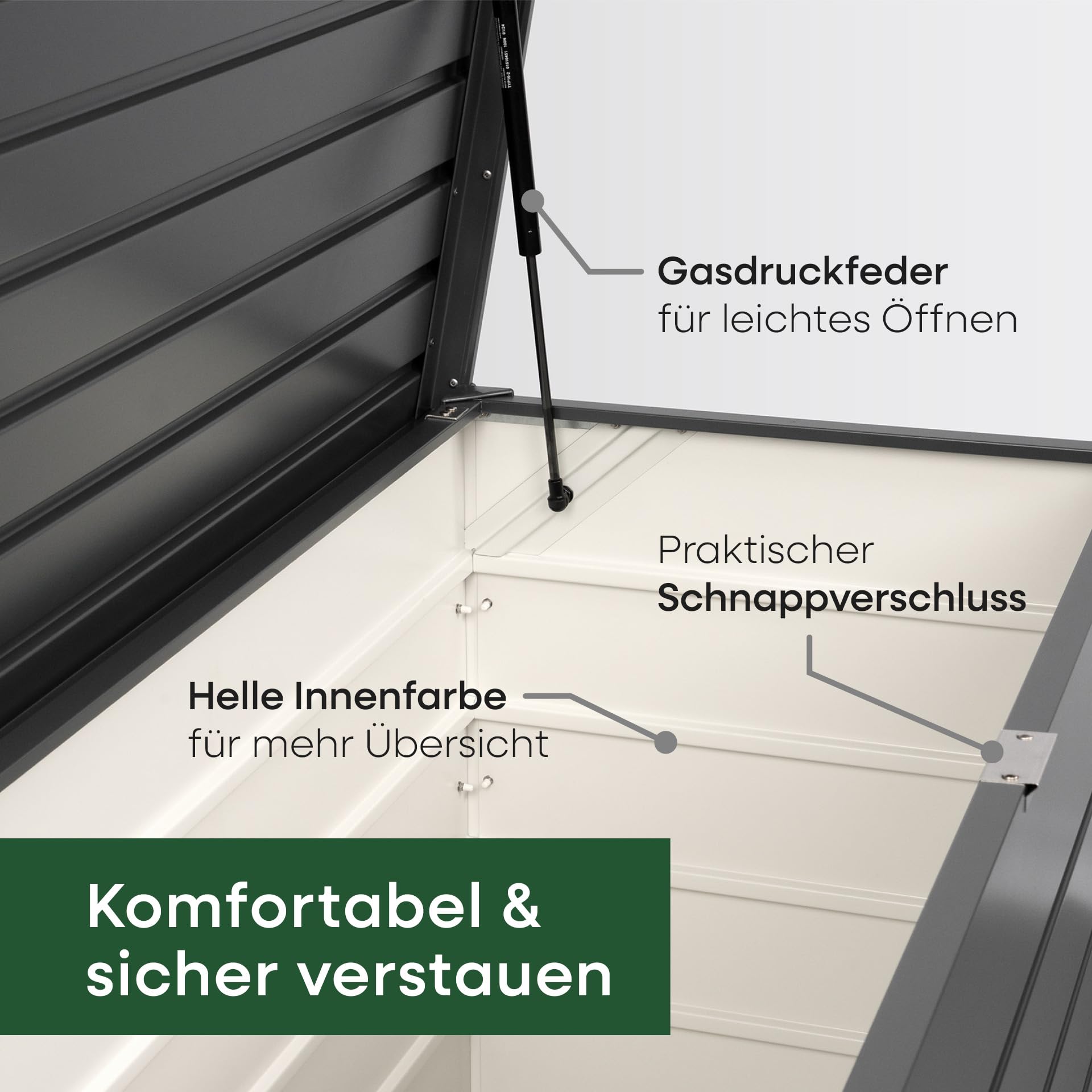 Sunny Garden Premium Gartenbox | 134L x 62B x 74H | 462 Liter | Größe M | Auflagenbox wasserdicht | Kissenbox Outdoor | Aufbewahrungsbox Garten | aus Metall | Anthrazit | Deckel mit Gasdruckfeder