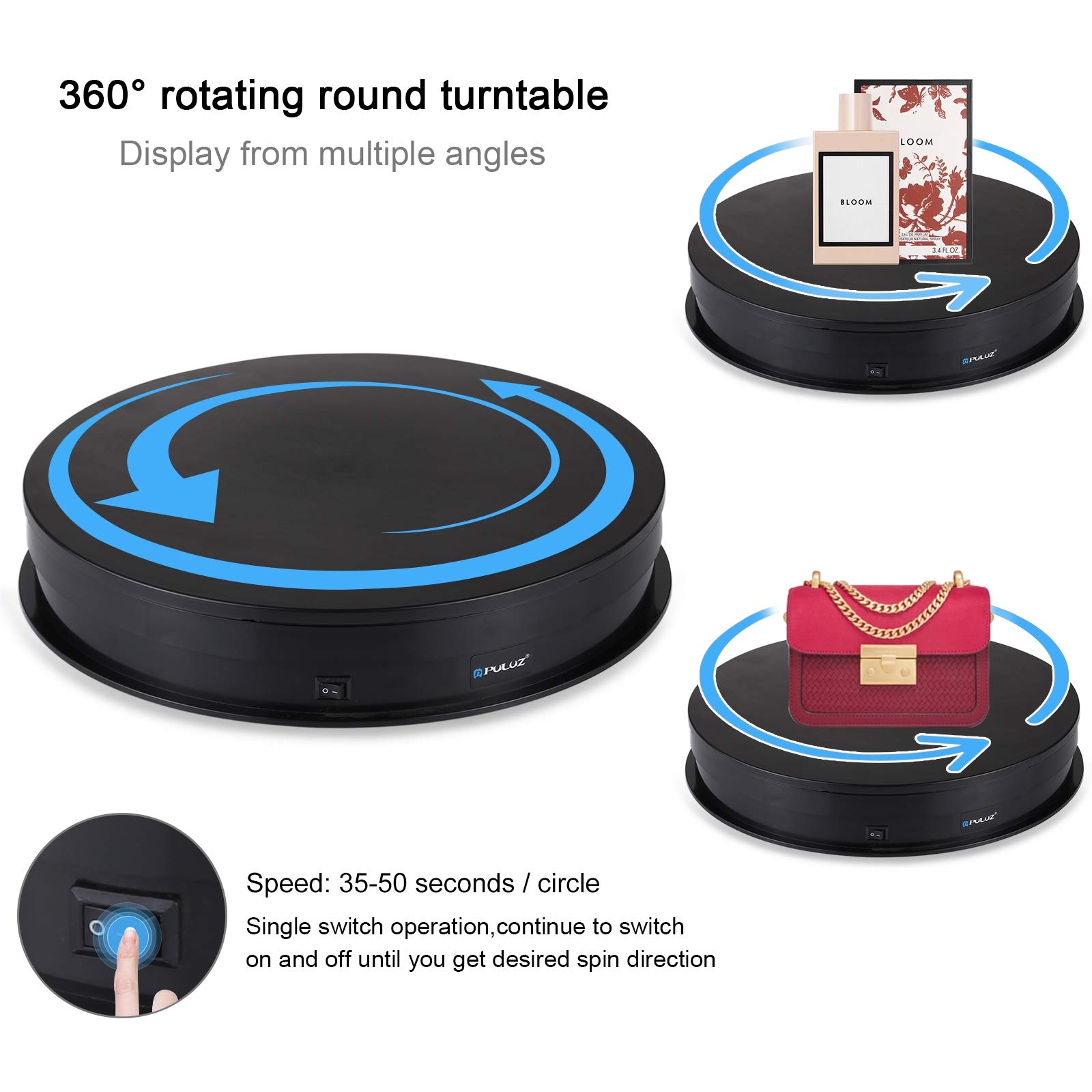 PULUZ Soporte giratorio para fotografía de 360 grados, soporte giratorio de 11.2 pulgadas de diámetro, soporte de exhibición de tocadiscos de 360 grados para fotografía, accesorios de grabación de