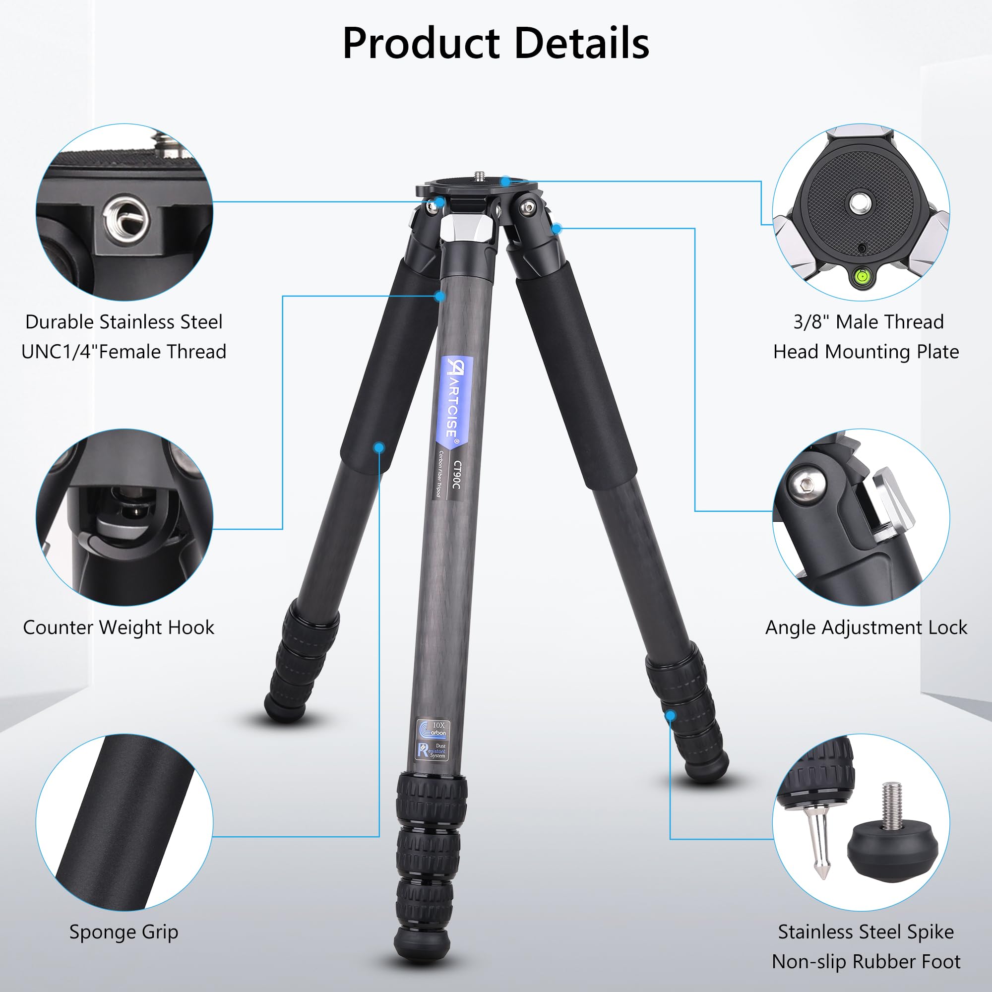 ARTCISE CT90C - Treppiede compatto in fibra di carbonio con borsa in pietra, supporto per fotocamera da viaggio per fotocamere DSLR Canon, Sony, Nikon, Carico massimo 39,9 kg