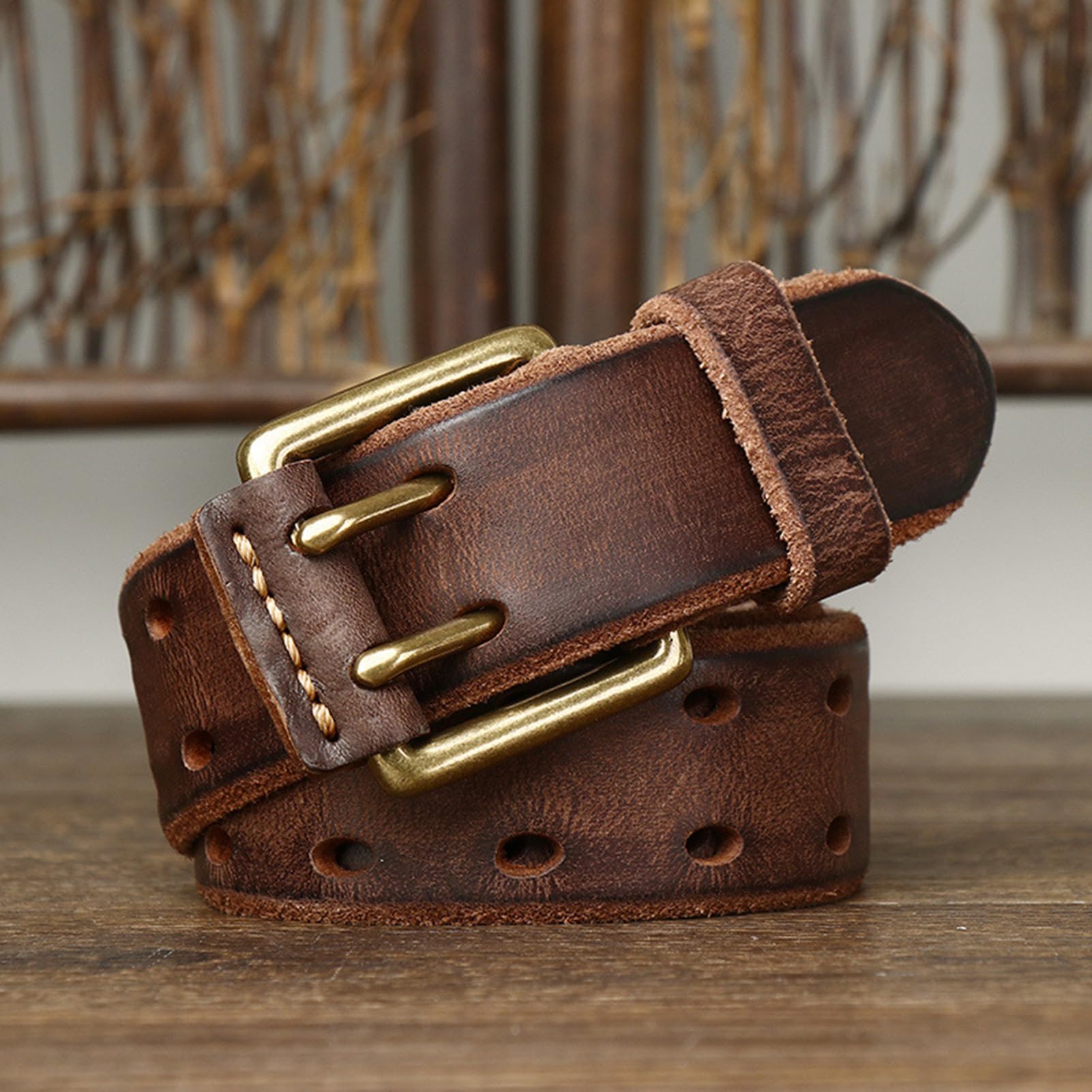 Gürtel Herren Mit Leder-rollschnallen Doppeldorn Schließe 3,8cm Breit Ledergürtel Mit Doppel-Loch Jeansgürtel In Premium Rindleder In Vintage Look(125cm/49, Coffee)
