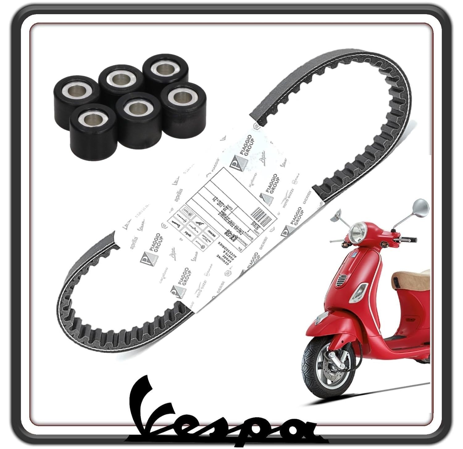 CINGHIA CINTURA TRASMISSIONE DISTRIBUZIONE ORIGINALE PER PIAGGIO VESPA ET2 50 DAL 1998 AL 2005 - VESPA LX 4T 50 (2005-2008) - PIAGGIO ZIP 4T 50 (2000-2014) COMPLETA DI 6 RULLI 19x15.5 mm - 6gr.