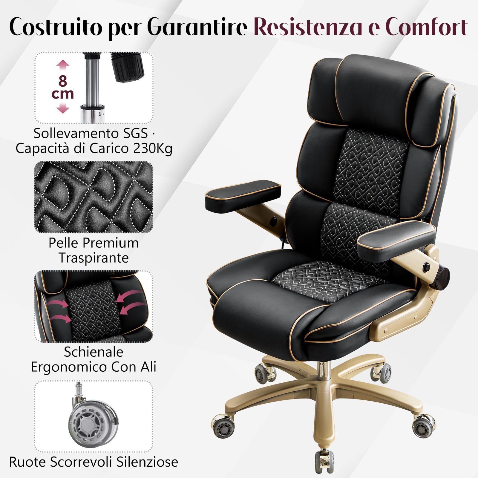 Hellove Poltrona Direzionale Ergonomica in Pelle con Braccioli 5D, Supporto Lombare Regolabile, Schienale Alto, Sedia da Ufficio Girevole e Confortevole per Casa e Studio, Nera