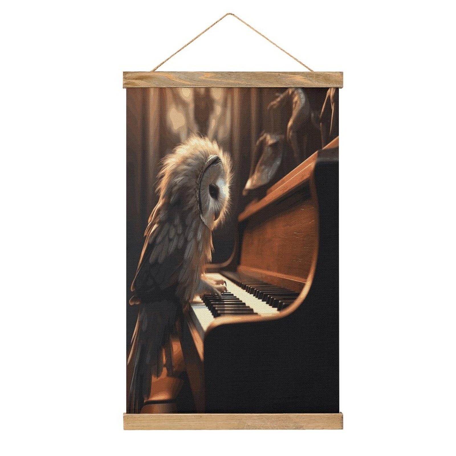 JTREHY Owl Plays Piano Linen Hanging Painting Vintage Poster Wall Art Prints Personality Style Wall Hanging Poster for Living Room Office Bedroom Decor Frame 13.2 X 20.47 Inch