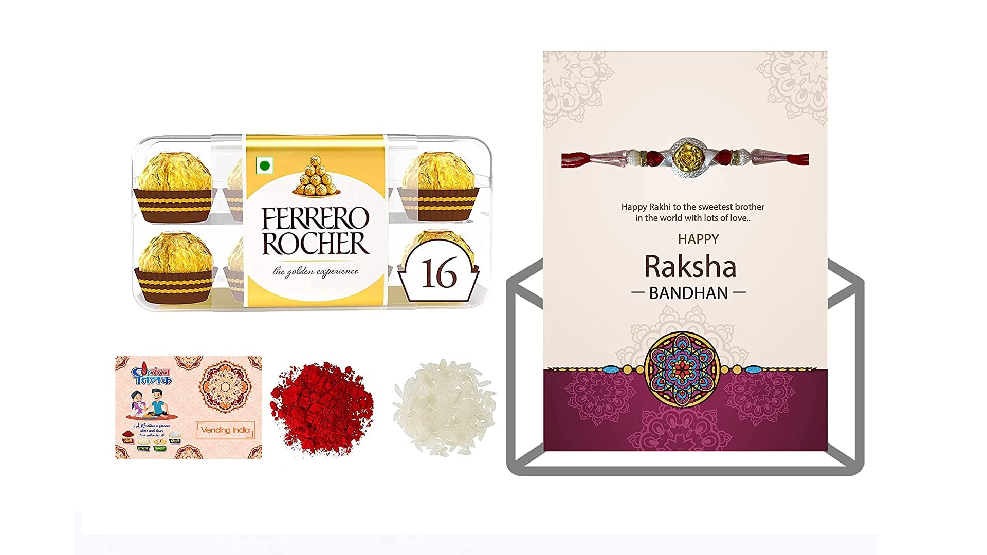 Vending India X Ferrero Rocher - Rakshabandhan Gift Combo - Ferrero Rocher with Rakhi in a Personalised Greeting Card with Roli , Chawal , Chandan & Mishri (Ferrero Rocher 16 Pcs, Design 3) (B094168DJ8) Amazon Price History, Amazon Price Tracker