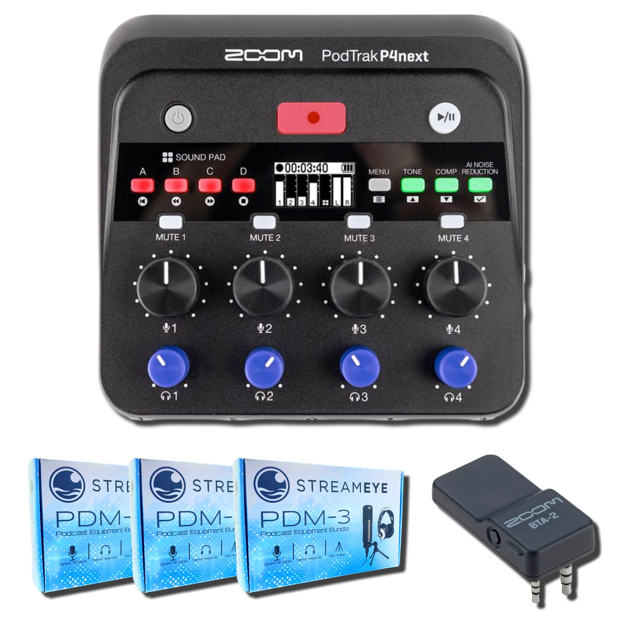 Zoom PodTrak P4next Audio Interface with BTA-2 Bluetooth Adapter and 3x StreamEye PDM-3 Podcast Equipment Bundle