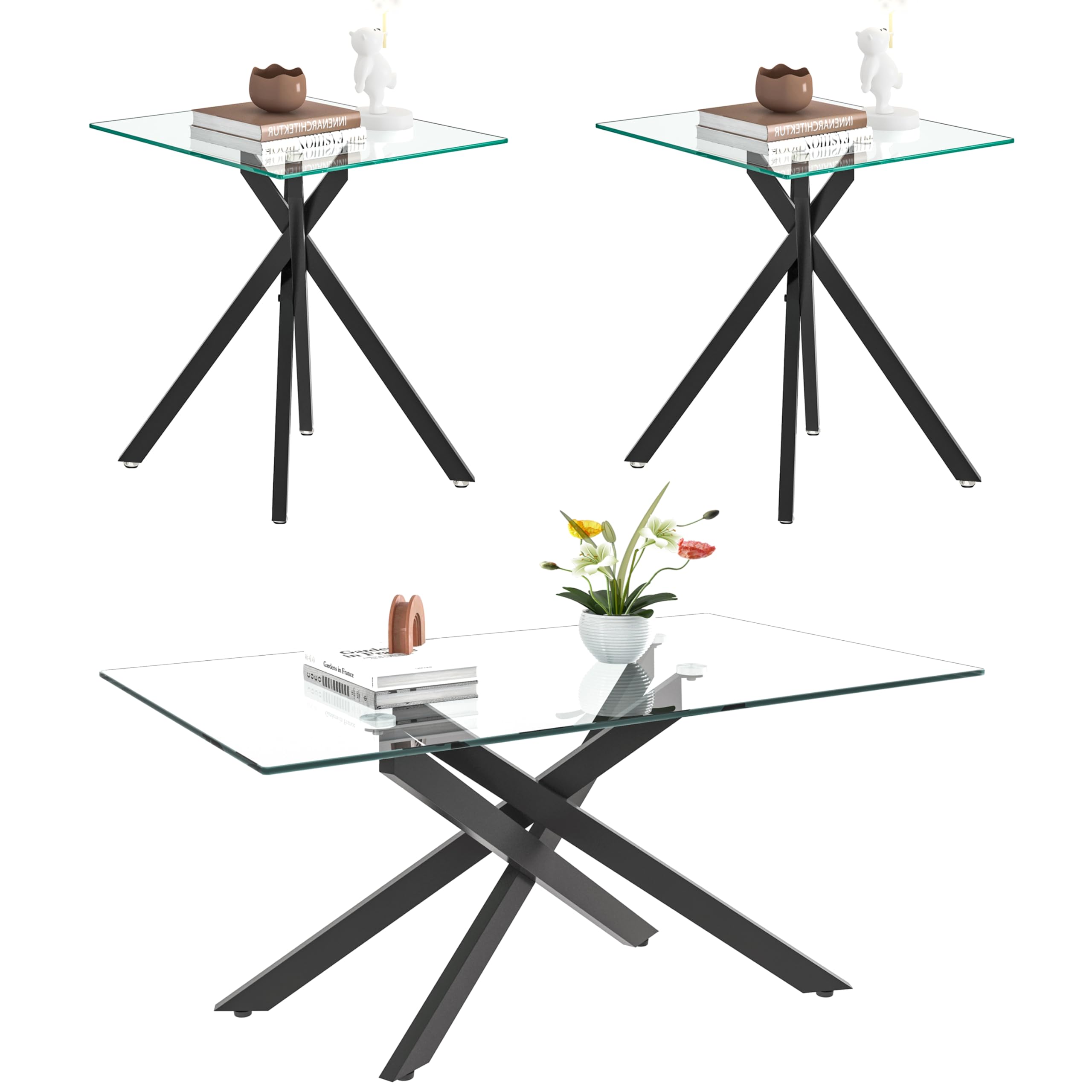 Black Glass Coffee Table Set of 3 Modern End Table Living Room Side Table, Geometric Metal Legs 39.4 Inch Clear Rectangle Center Cocktail Tables,