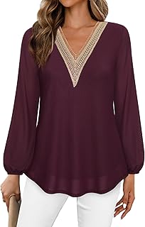 Women's Casual Long Sleeve Lace V Neck Double Layers Mesh Tunic Tops