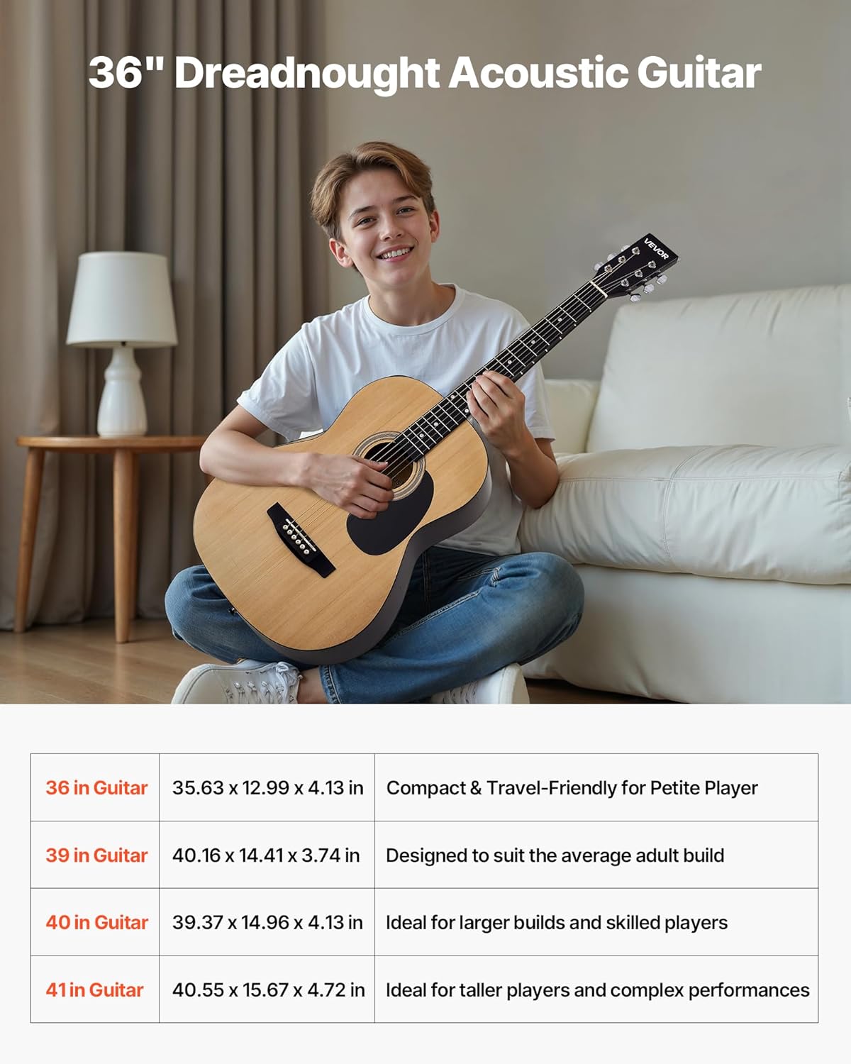 VEVOR Dreadnought Acoustic Guitar, 36 in, 6-String Natural Solid Top Guitar, Portable Bundle with Gig Bag, Tuner, Strap, Steel Strings, Picks, Capo, Rosewood Fingerboard, for Beginner Teen Small Hands