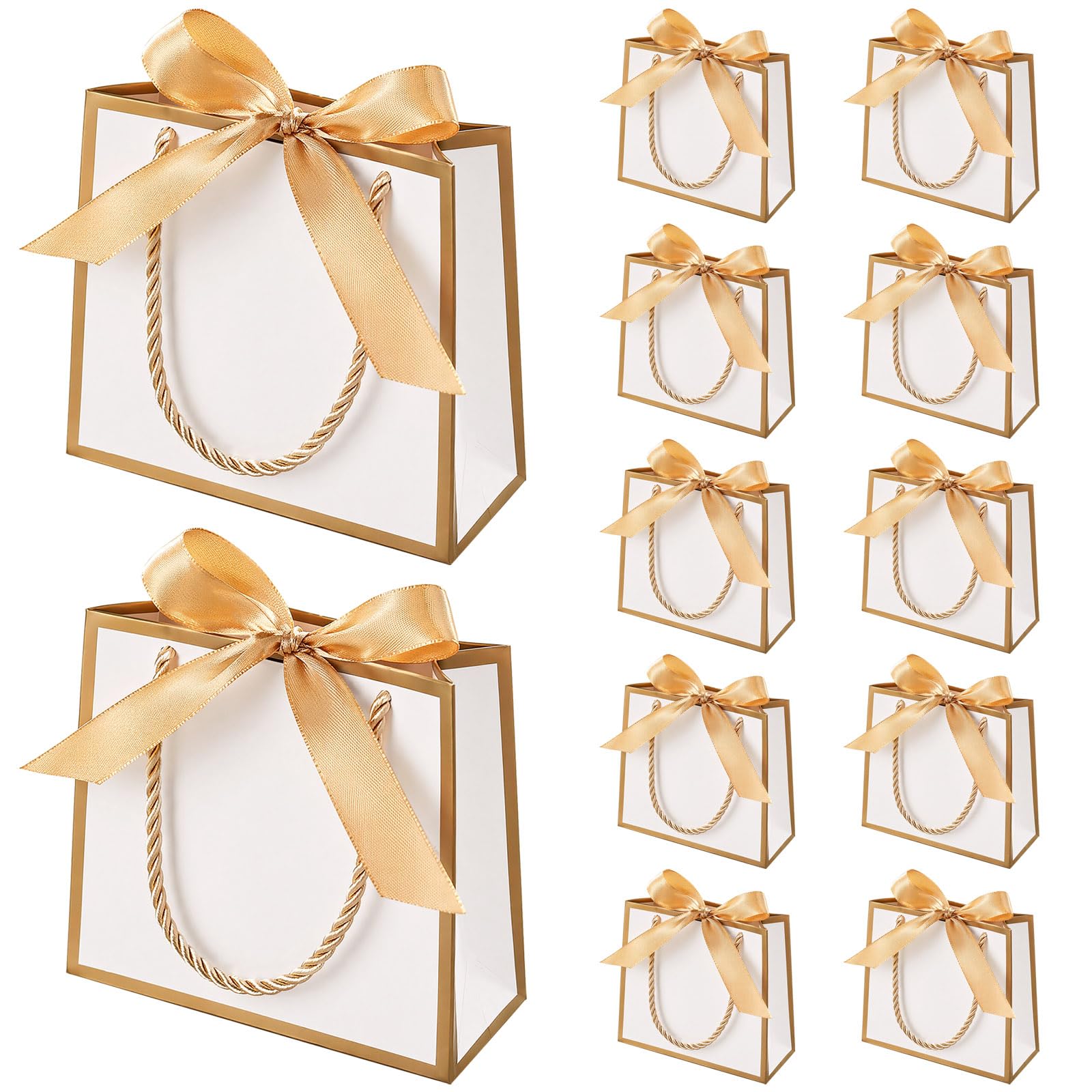 12Pcs Mini Gift Bags with Ribbon Bows, 14x12x6cm Champagne Paper Party Favour Bags with Handles for Baby Shower, Wedding, Birthday, Bridal Shower, Small Treats and Jewelry Packaging