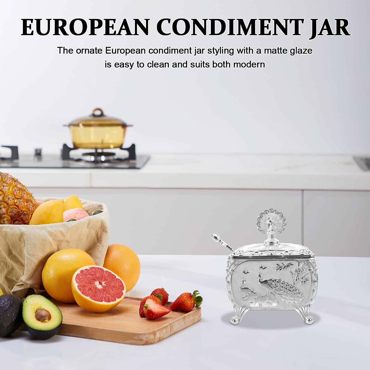 Glass Sugar Bowl with Spoon - Square Seasoning Jar with Lid - Countertop Condiment Pot - Small Spice Container for Coffee Tea Service Breakfast Table Restaurant