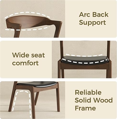 Miniatura 5 de Silla de comedor de cuero negro de madera maciza, juego de 2, moderna de mediados de siglo, marrón nogal, altura del asiento 18 pulgadas