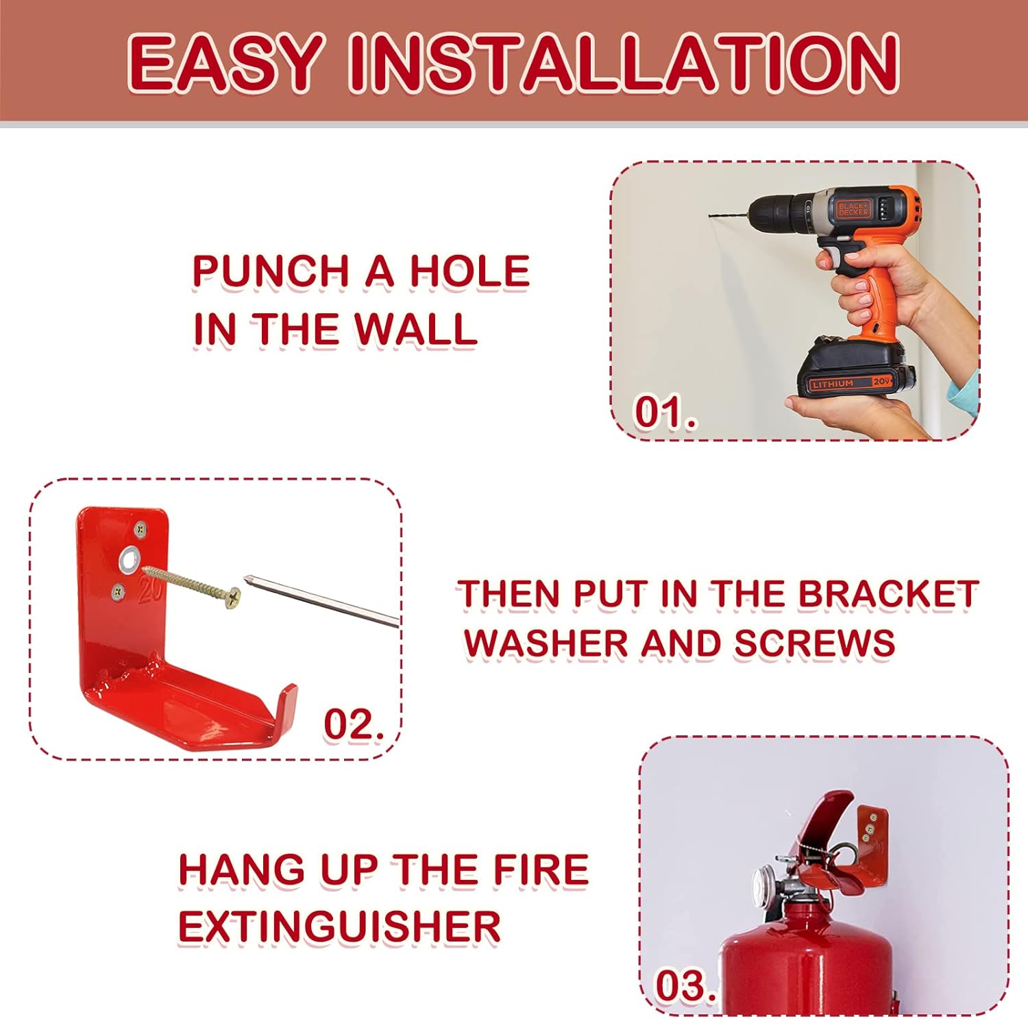 4 Pack Universal Fire Extinguisher Bracket and 4 Fire Extinguisher Safety Sticker Signs,5 to 20lb Fire Extinguisher Mount for Dry Chemical and Water Extinguishers