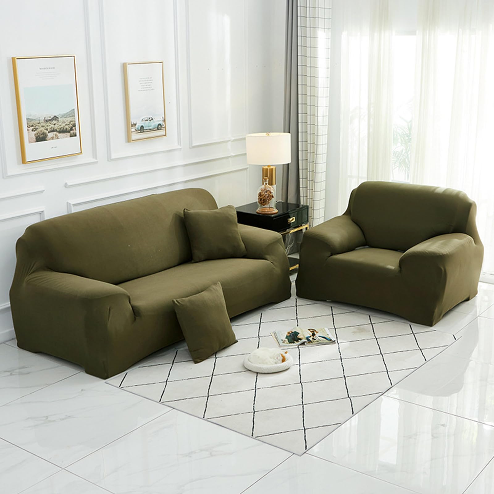 Hearda High Stretch Sofa Covers 1/2/3/4 Seater, Monochrome Soft Elastic Non Slip Sofa Slipcover Washable Universal Couch Sofa Cover for Kids Pets Living (4-Seater,Grey green)