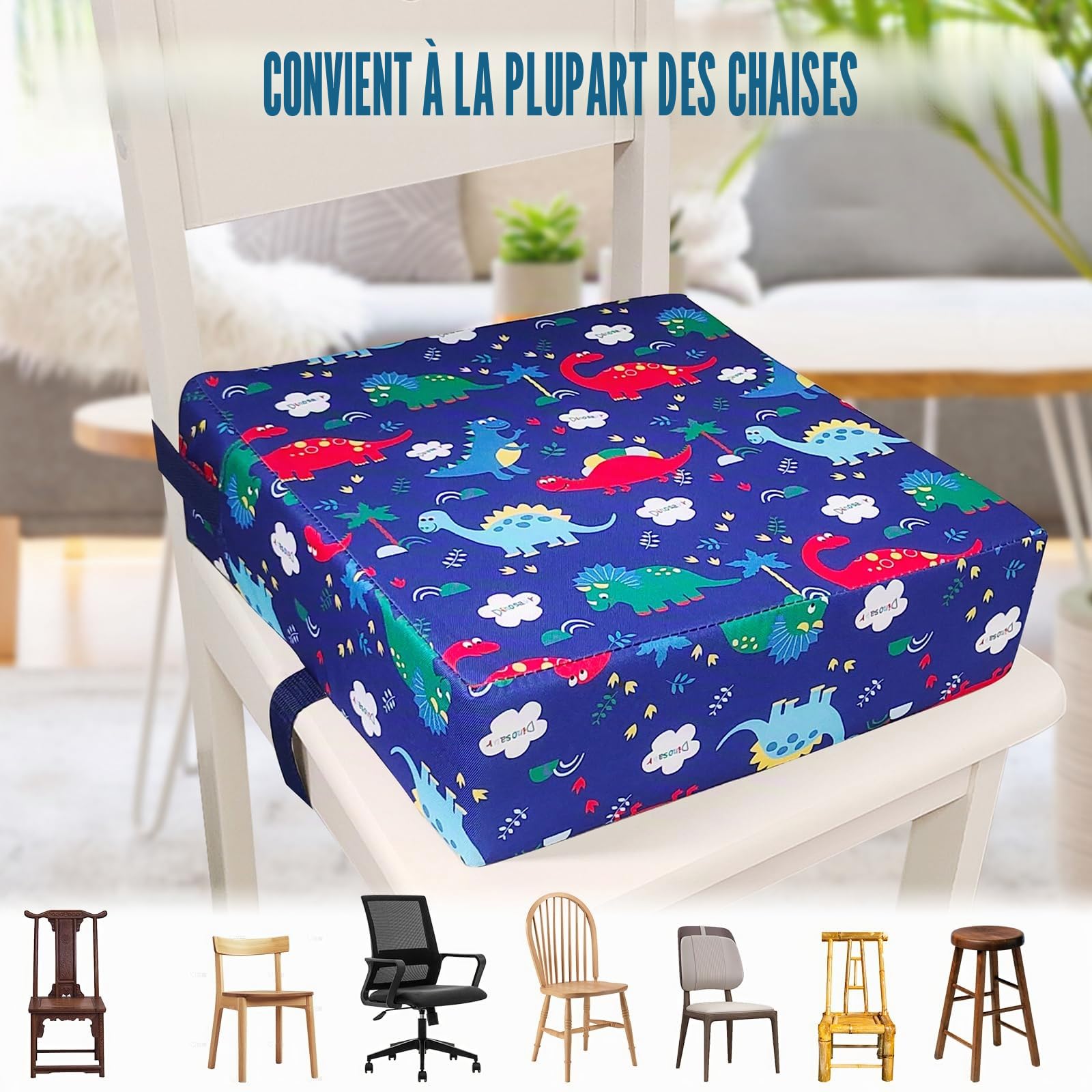 Rehausseur de chaise enfant, 33 x 33 x 8 cm, coussin de siège déperlant, rehausseur de table, rehausseur portable, lavable, réglable, démontable, antidérapant (bleu)