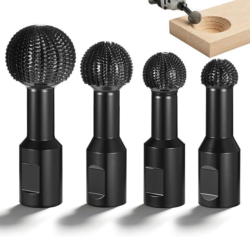 4 Pcs Sphere Rotary Burr Set, Ball Gouge Angle Grinder Attachments, Ball Gouge for Angle Grinder, Spherical Grinding Head Wood Carving Burrs for, Slotting, Engraving,Polishing (Black, 5/8-11 Threads)