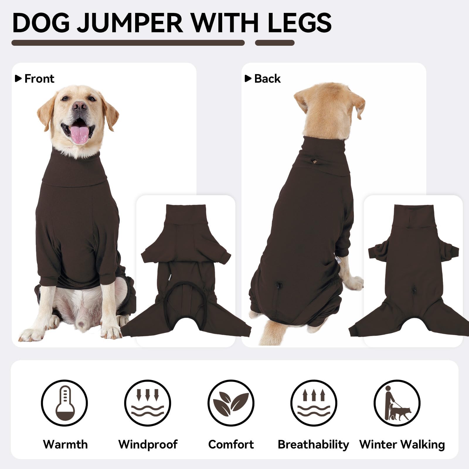 ROZKITCH Hundepullover für große Hunde, vierbeiniger Rollkragenpullover, dehnbare Thermo-Winterkleidung mit Loch für die Leine, vollständige Abdeckung, Outfit für große Hunde, 2 Stück