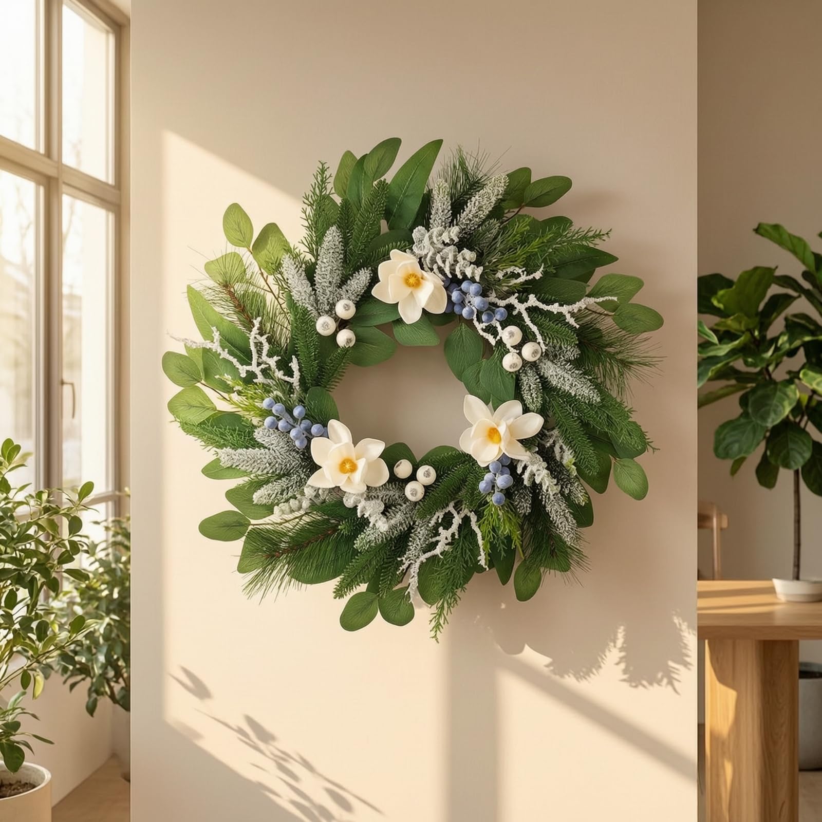 Corona Navideña Artificial para Pared, Guirnalda De Flores con Bayas Y Agujas De Pino