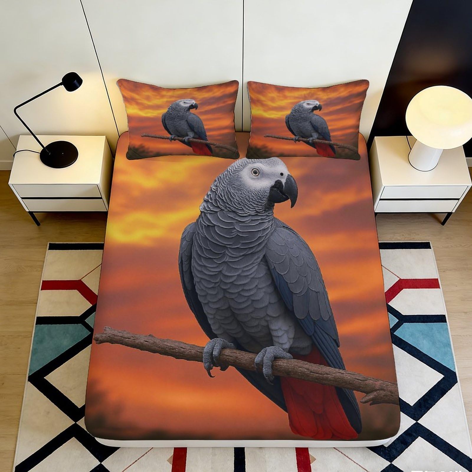 3D Printed African Grey Parrot Fitted Sheet for double beds, soft touch Microfiber, easy care, wrinkle resistant, guest room bedding decor, anti-slip bed cover, sunset print, 116 chars 90x200x25cm
