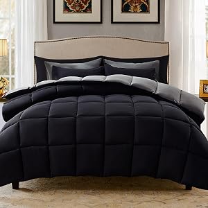 Decroom Lightweight Full Comforter Set with 2 Pillow Sham - 3 Pieces Set - Quilted Down Alternative Comforter/Duvet Insert for All Season - Black/Grey - Full Size