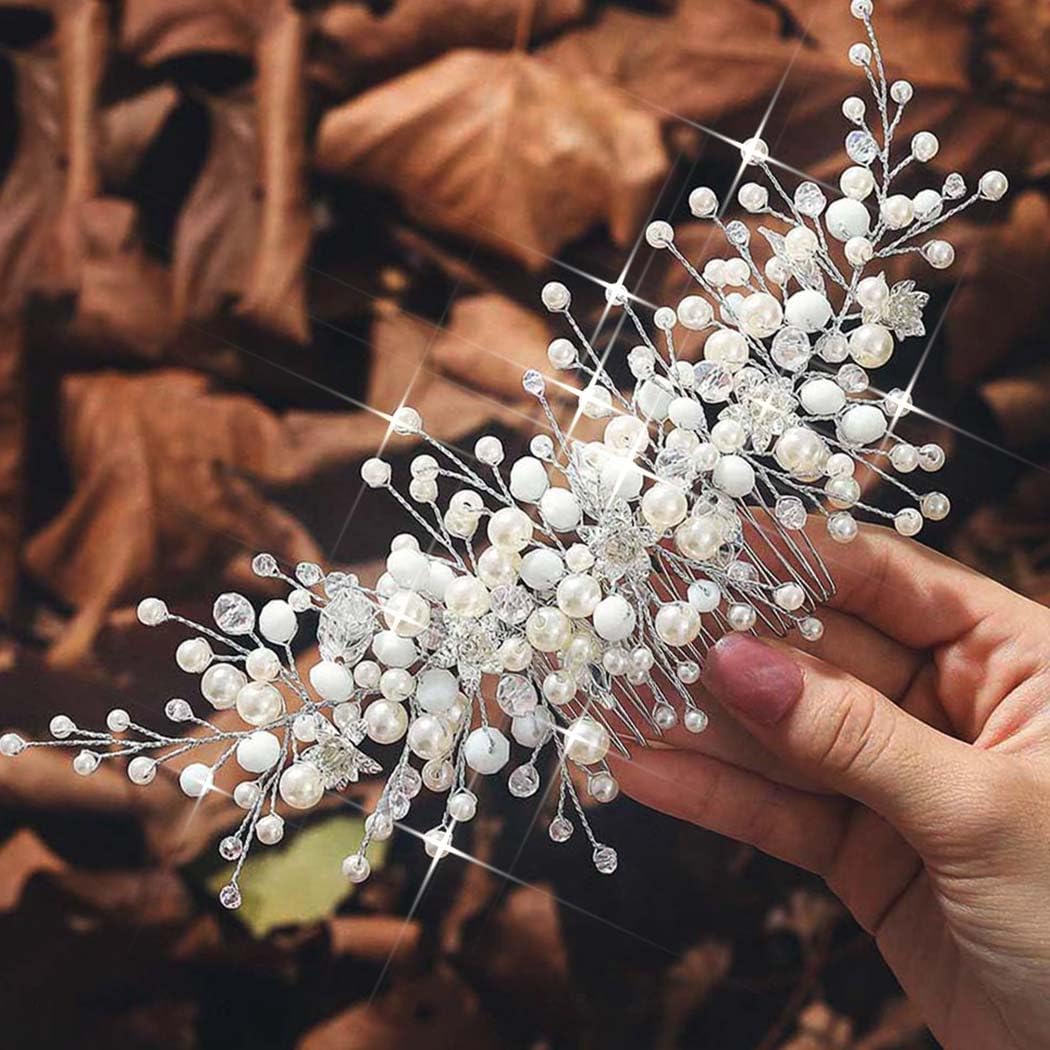 Amazon.com : Bessney Pearl Wedding Hair Combs Silver Bride  display picture 1