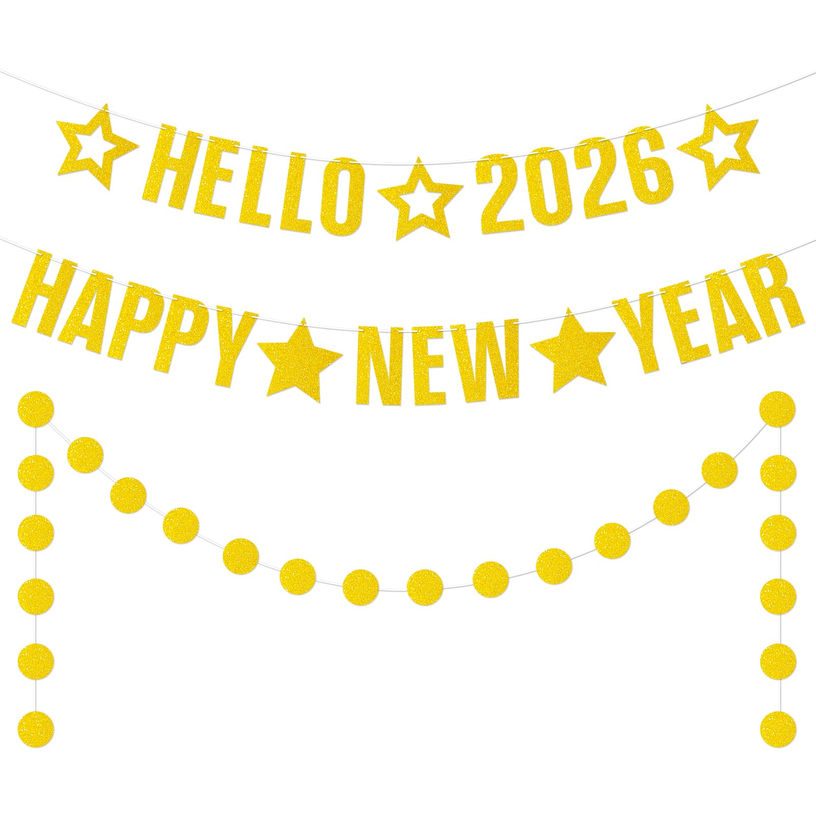 3 Pcs Hello 2026 Happy New Year Banner, Gold Glitter Happy New Year Decorations 2026 with Circle Garland