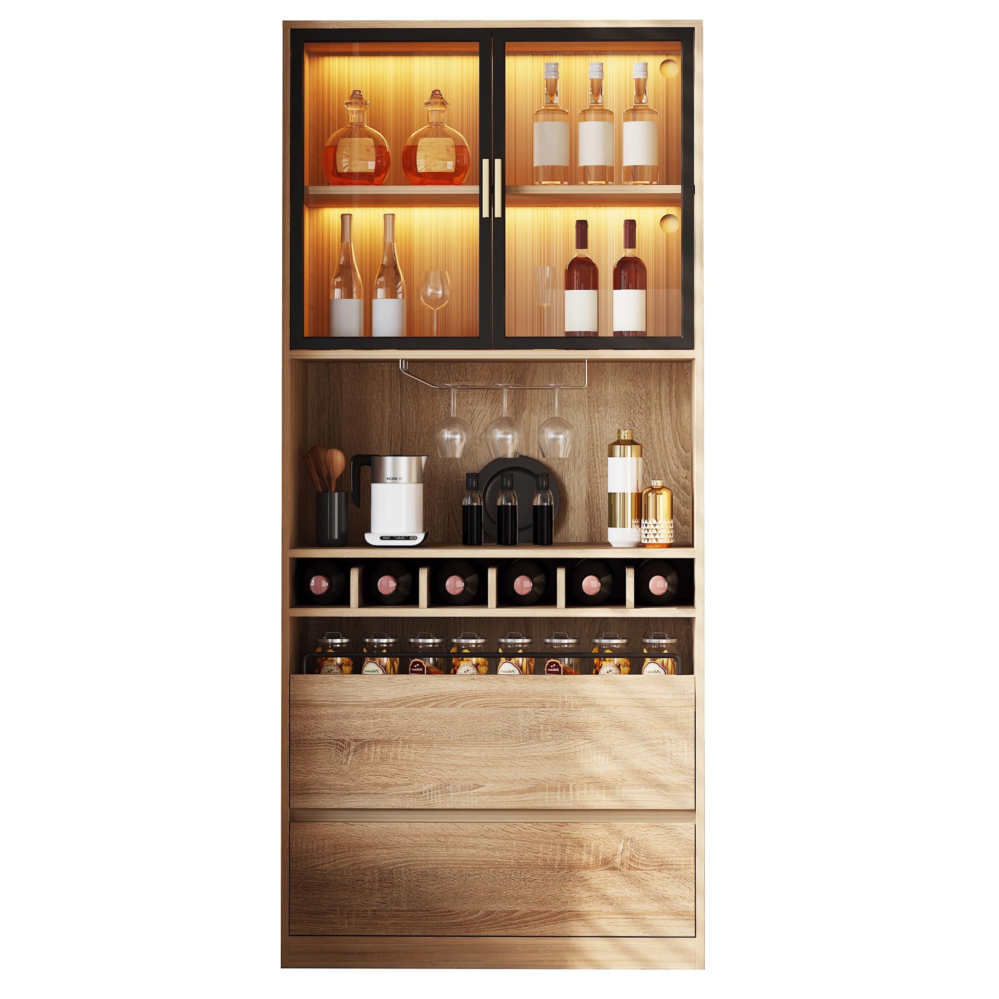Armoire vitrine multifonction portes vitrées éclairage LED télécommande infrarouge minuterie étagères ouvertes support verres amovible casiers bouteilles tiroirs occultants rangement (Naturelle)