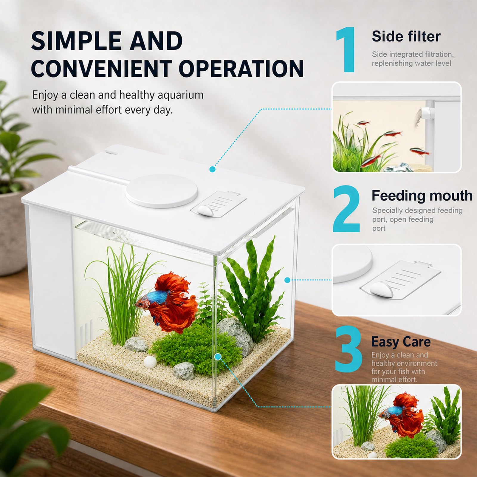 Kit complet d'aquarium de 3,7 l, petit aquarium de table, nano aquarium autonettoyant avec lumières LED et système de filtration, idéal pour les petits poissons, crevettes et plantes (blanc)