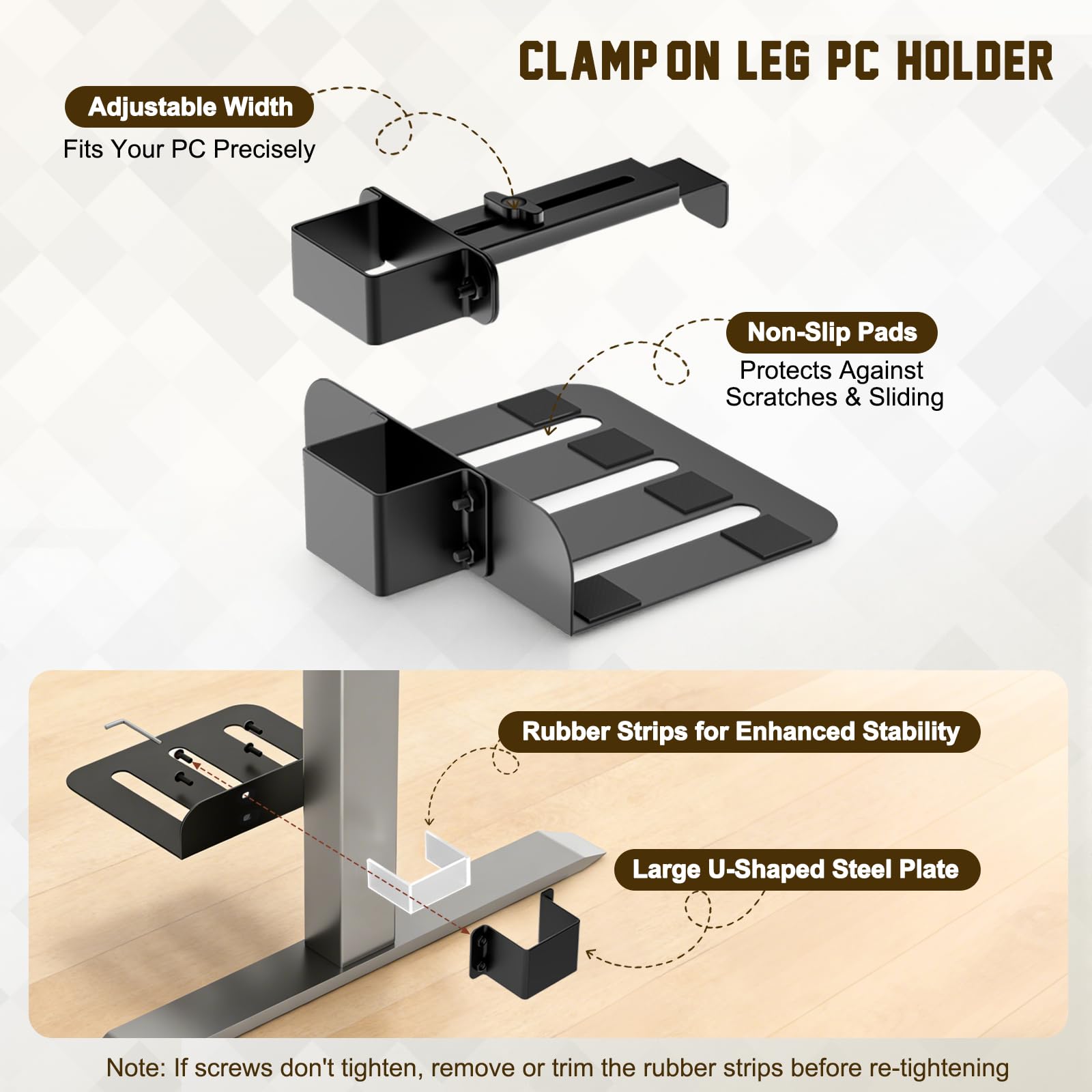 Soporte PC Bajo Mesa, Soporte Torre Ordenador con Altura y Ancho Ajustables, Soporte CPU Bajo Mesa Sin Necesidad de Taladrar, Ahorra Espacio en Hogar Oficina, Soporta Hasta 35kg, Compatible 65*45 mm