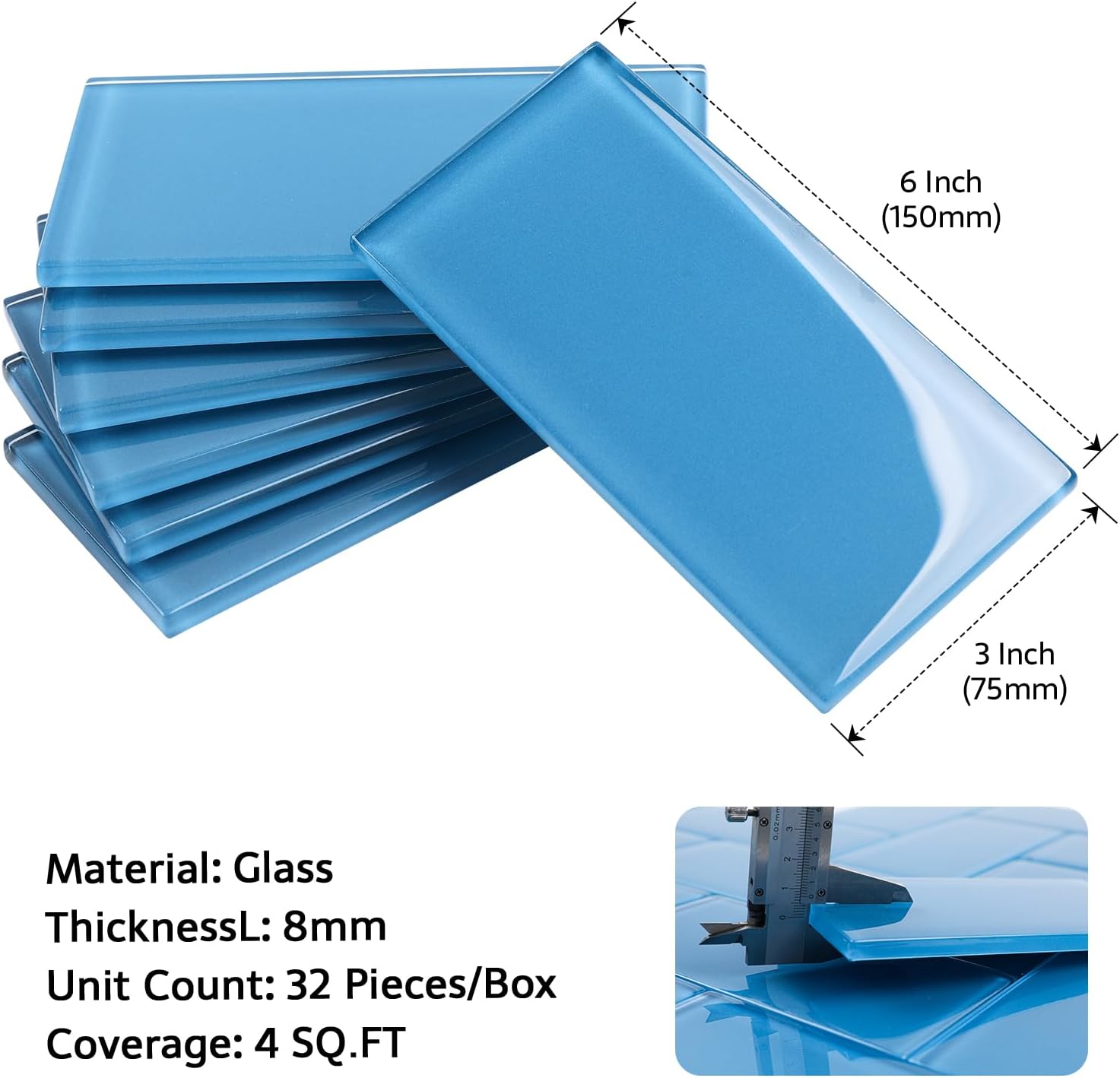 ガラス地下鉄タイル キッチン用 ガラスタイル ブルー 3 x 6インチ バックスプラッシュ バスルーム シャワー 壁 32枚パック