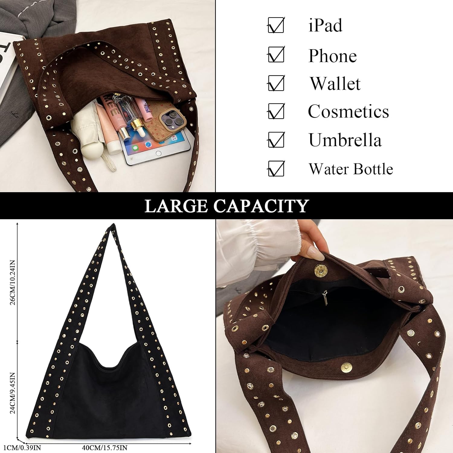 JQAliMOVV Suede Purses for Women Large Suede Handbag Slouchy Tote Bag Hobo Studded Purse - Image 4