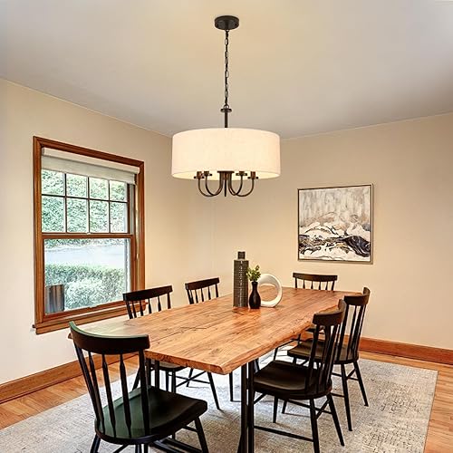 Miniatura 2 de Candelabro de tambor de 5 luces de 19 pulgadas para comedor, moderno, negro, estilo granja, lámpara de lino blanco, lámpara colgante para sala