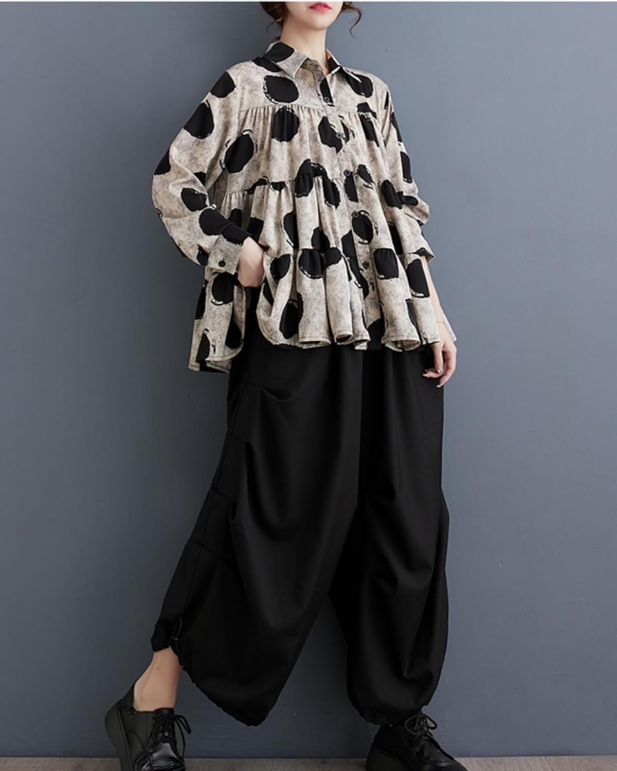 ellazhu Women's Casual Button Down Flowy Hem Polka Dot Oversized Shirt GZ129 A - Image 5