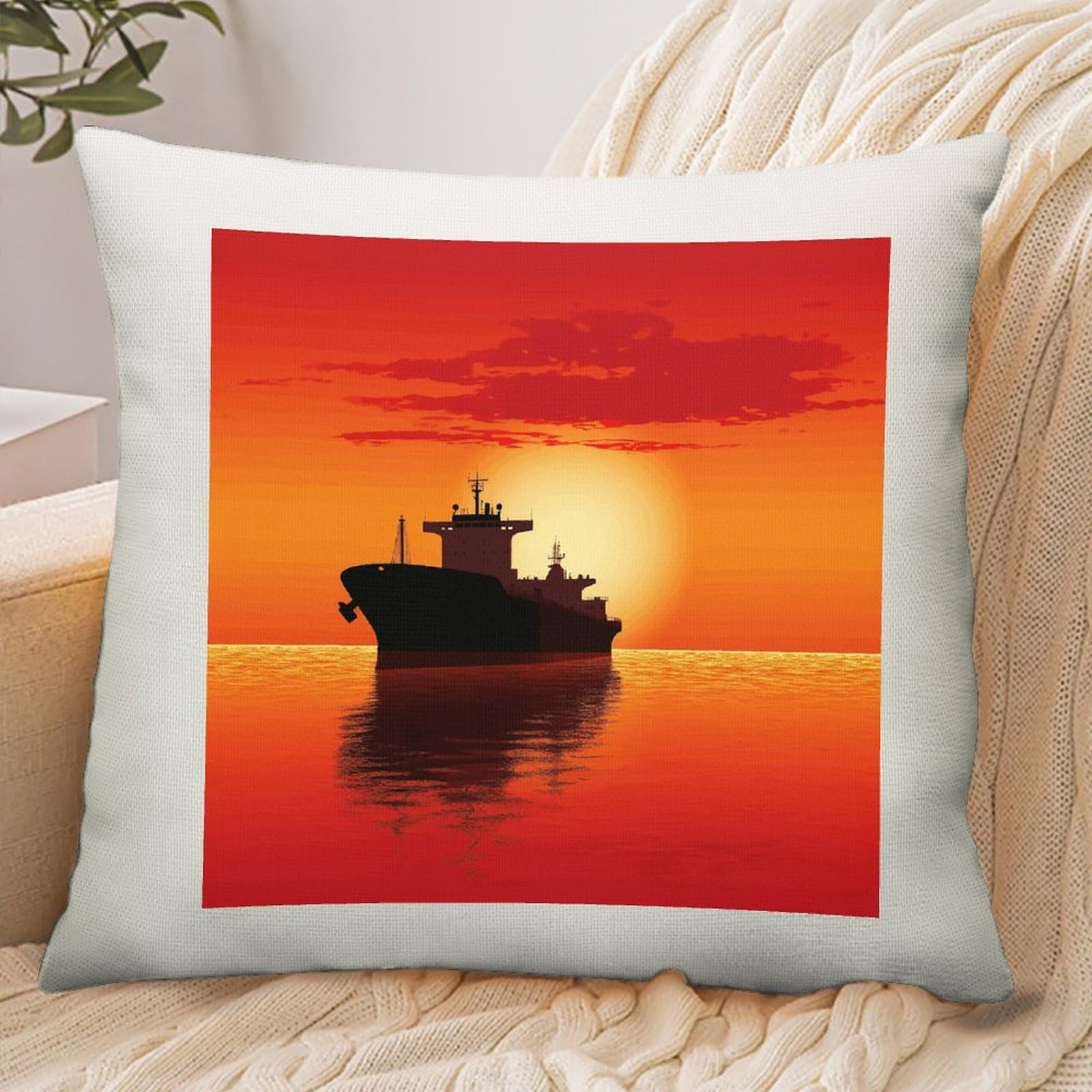 Adfgyerh Style Silhouette Of The Tanker Ship On Red Sunrise Pillow Cover Breathable,Pillowcases Boho Decorative Envelope Closure,Throw Pillow Covers For Beach,Patio,Balcony,Couch Living Room 18 * 18In