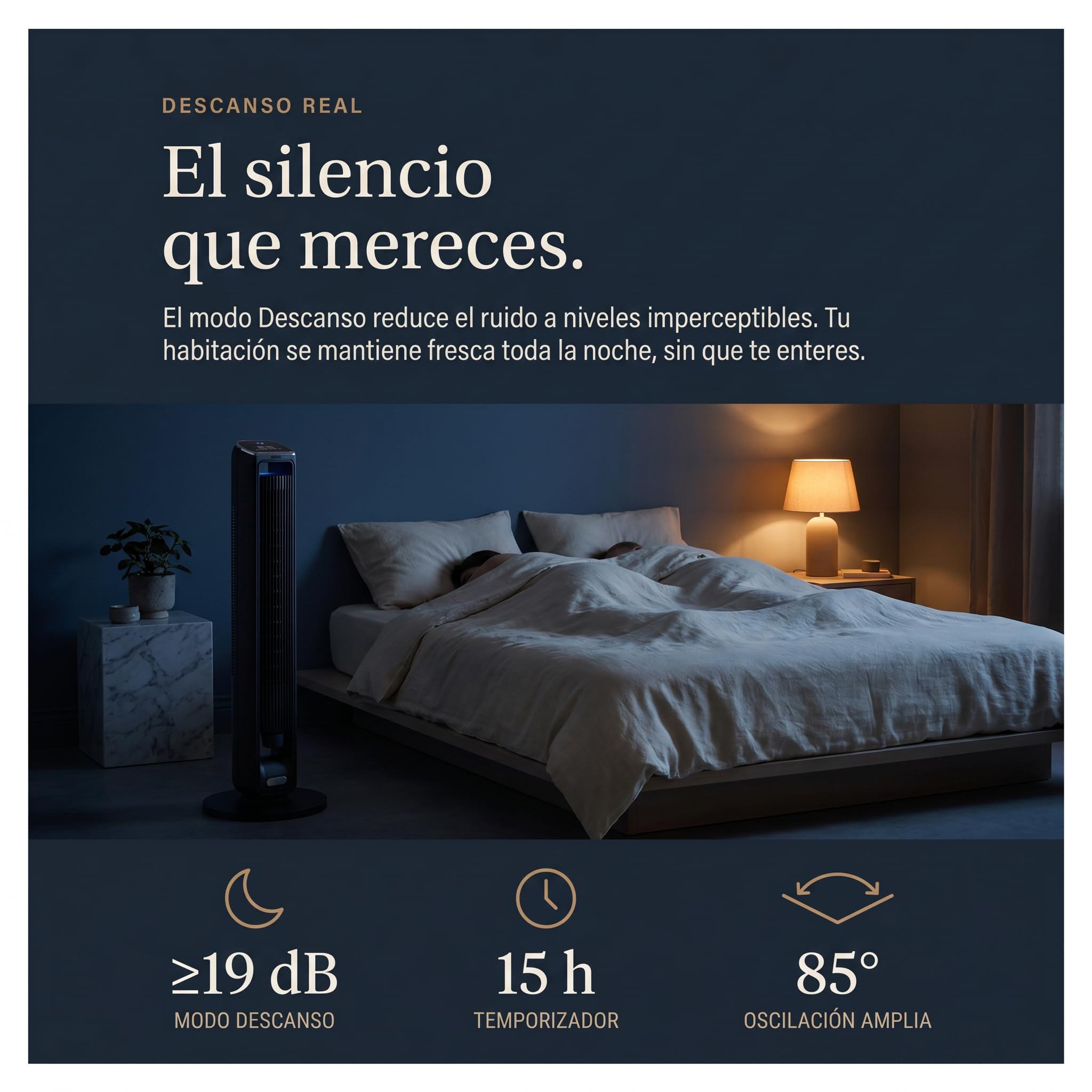 Ventilador de Torre Ultra Silencioso con Mando a Distancia (107 cm), 19dB, Ventilador de Pie, Velocidad 8.2 m/s, Pantalla LED táctil, 3 velocidades, Temporizador 15h, 85º, Enfría Rápido