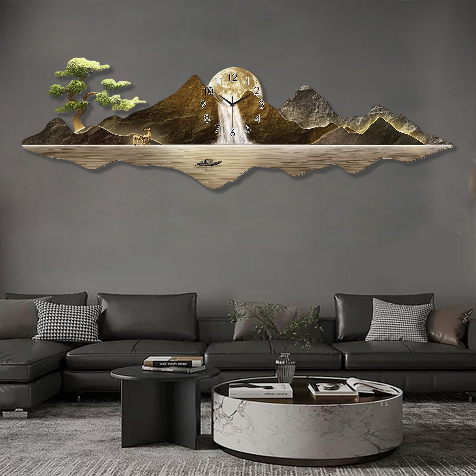 MESCXTY Landscape Painting 3D Wall Art Clock Stylish Modern Clocks Silent with Light,Large Creative Decorative Clock,for Office, Home, Bathroom, Bedroom, School(Gold 1,59 * 19.7in)