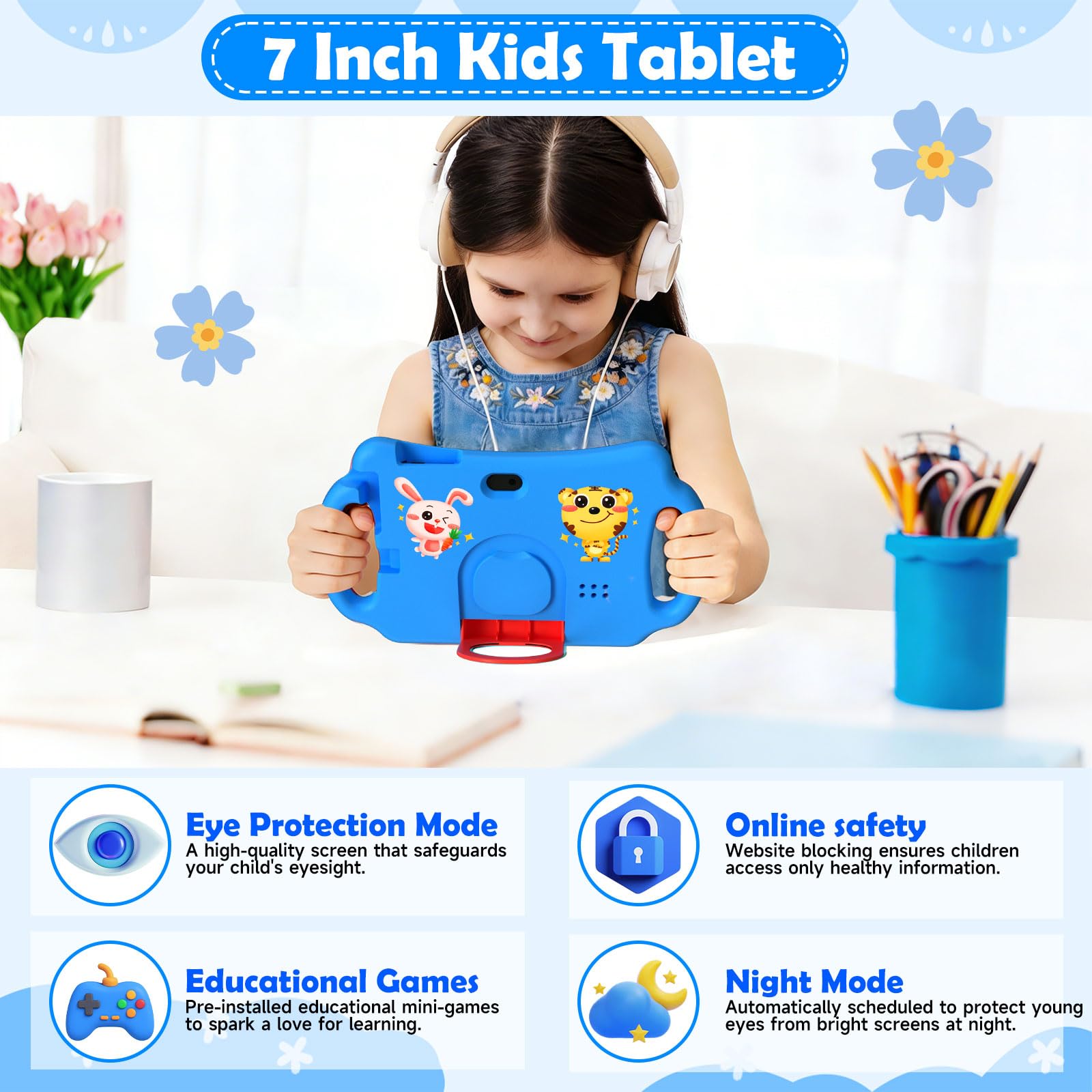 Tablet per bambini 7 pollici Android 12.0 per bambini, 4 GB di RAM 32 GB ROM Bluetooth IPS schermo controllo parentale doppia fotocamera antiurto custodia per giochi educativi (blu)