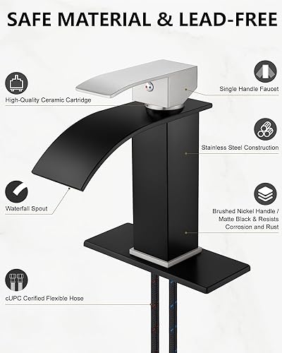 Miniatura 6 de Midanya Grifo de lavabo de baño con boquilla ancha de níquel cepillado, grifo de baño de cascada de una sola manija, grifo de tocador de montaje en