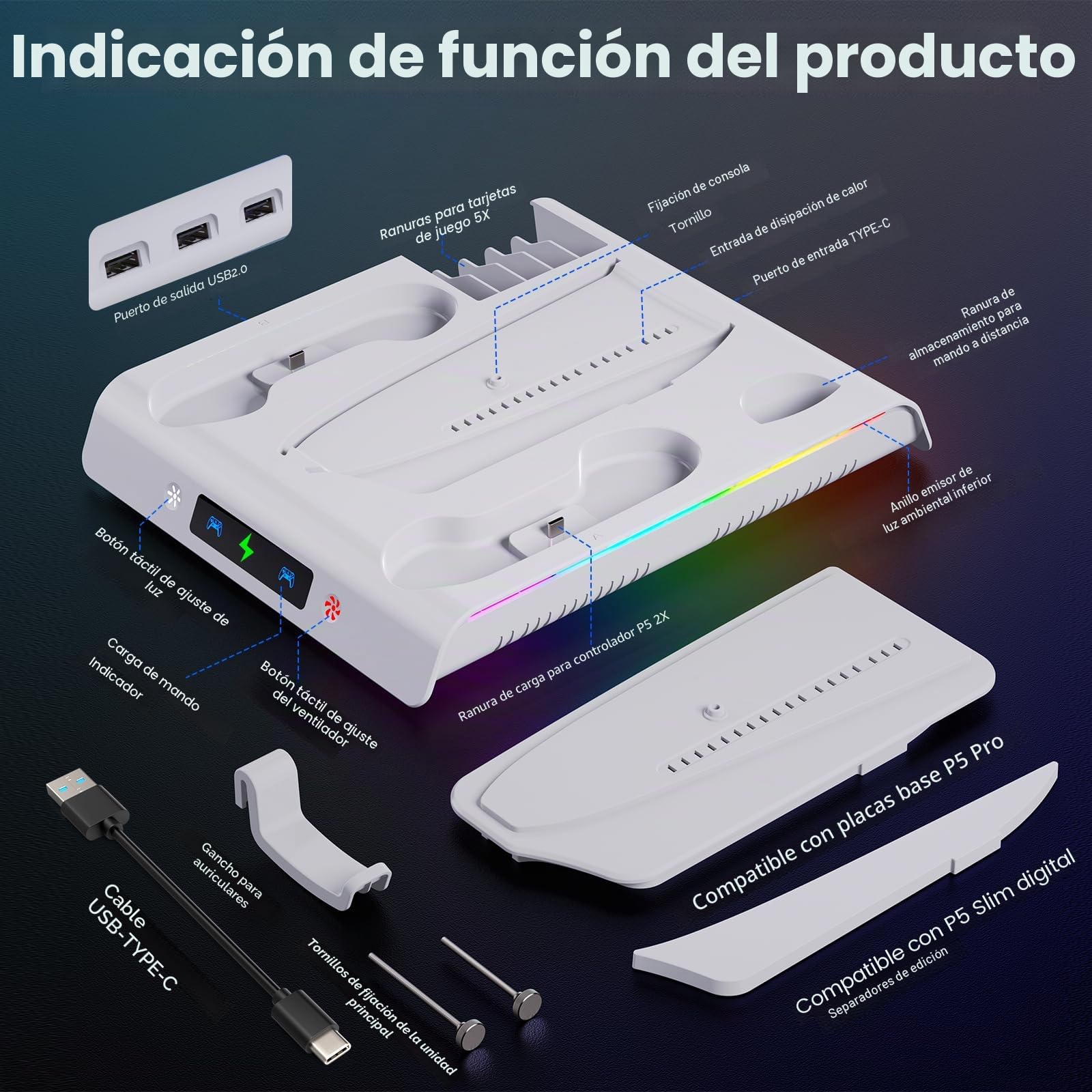 Labtec Soporte para PS5 / PS5 Slim / PS5 Pro con ventilador de enfriamiento y iluminación RGB, base de carga de controlador dual para consola PS5/Slim/Pro con 5 ranuras para juegos y 3 puertos USB