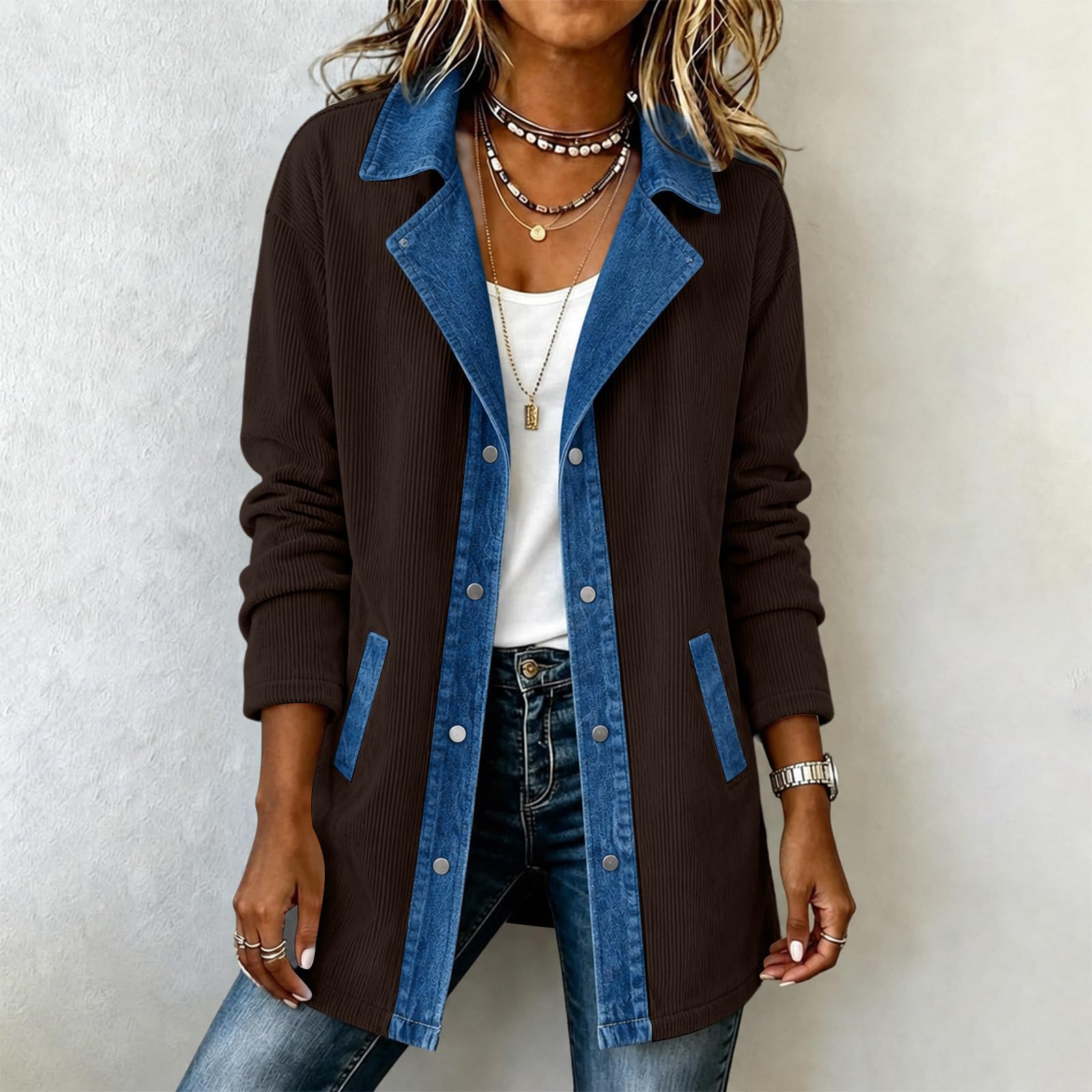 EMATOP Cordjacke Damen Lang Übergangsjacke Langarm Revers Denim Hemdjacke