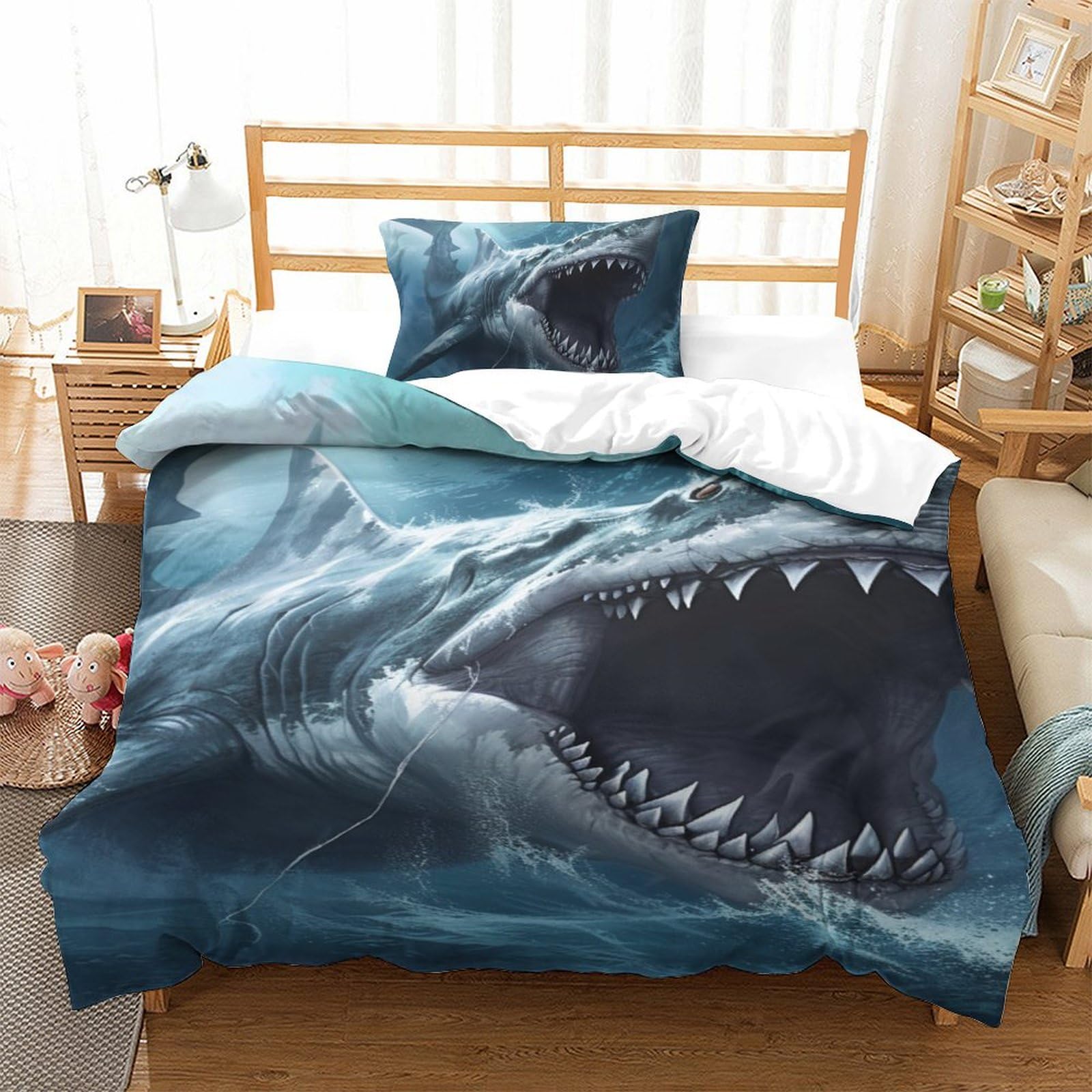Housse de couette requin 3D parure de lit microfibre 135x200 respirante 3 pièces