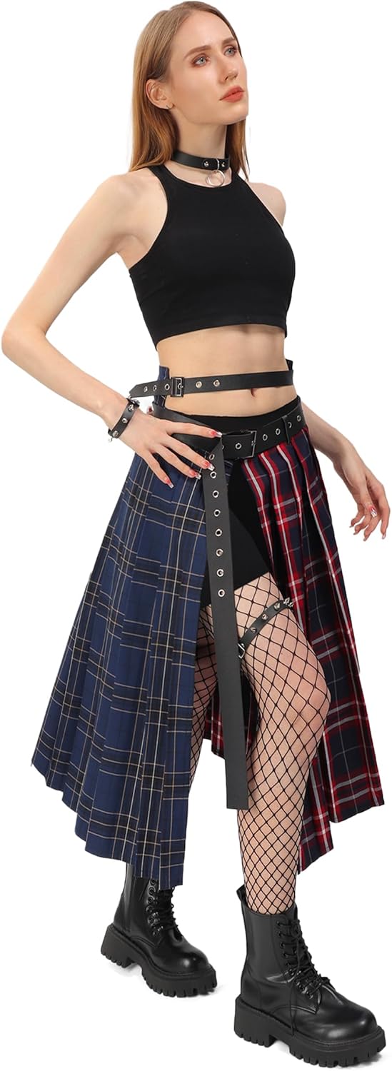 DAZCOS Plaid Slit Thigh Maxi US Size Women Low Waist Pleated Midi Skirt with Belt for Party Christmas