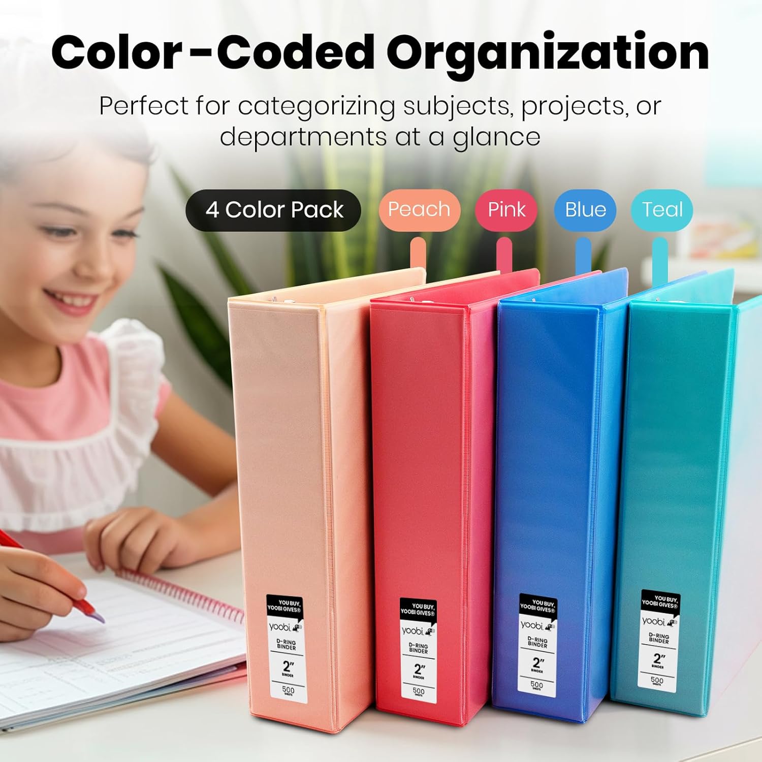 Yoobi 2 Inch Binder and 8 Tab Dividers Set, 4 Pack of 3 Ring Binders with Plastic Cover, 2 Pockets and D Rings, 4 Pack of Binder Organizer Tabs with Blank Sticky Labels, Office or School Supplies