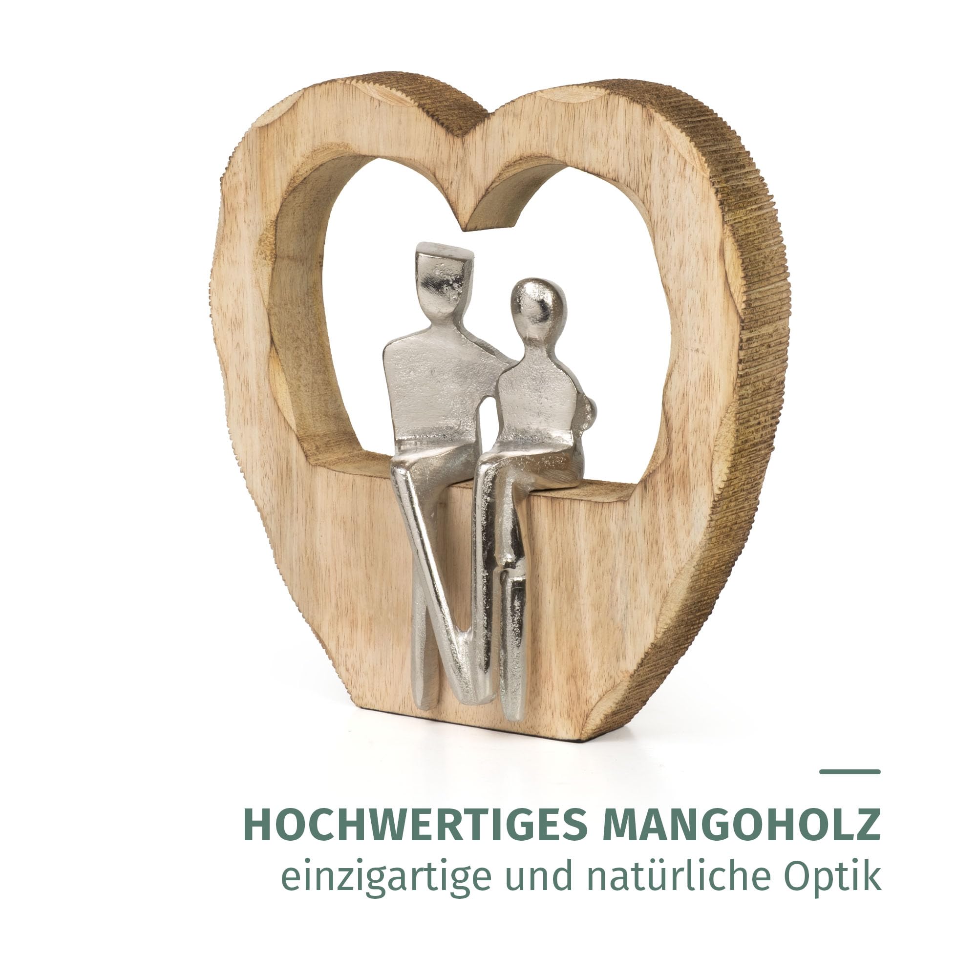 Moritz Figurka dekoracyjna Heartbound 25,5 cm z drewna mango i aluminium rzeźba w kształcie serca z motywem dwóch osób symbol miłości bliskości i bezpieczeństwa, nowoczesna dekoracja, rękodzieło